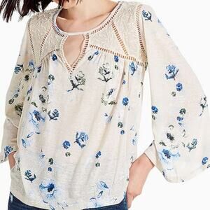 Lucky Brand Floral Lace Mix Linen Blend Peasant Top Cream size Medium